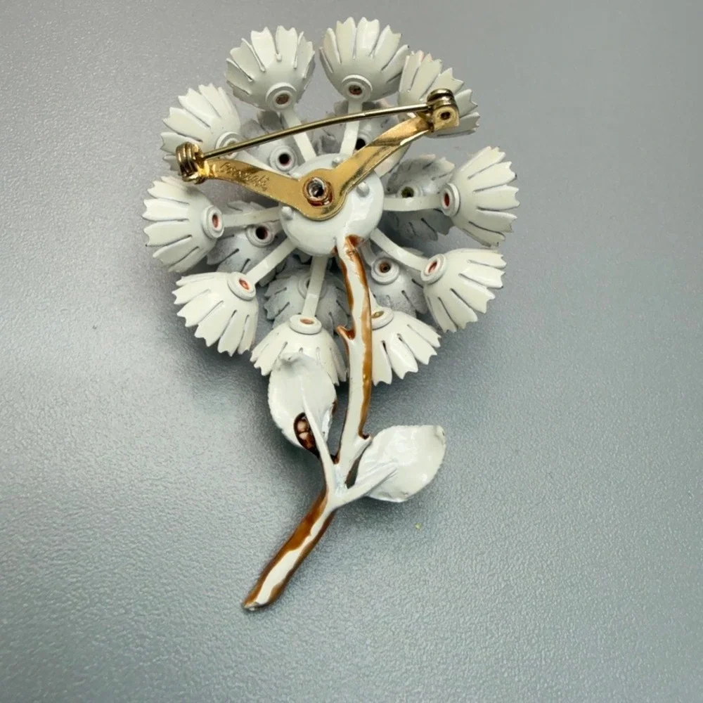 Vintage Corocraft Enamel Flower Brooch‎ Coral Color Rhinestones Spring Summer